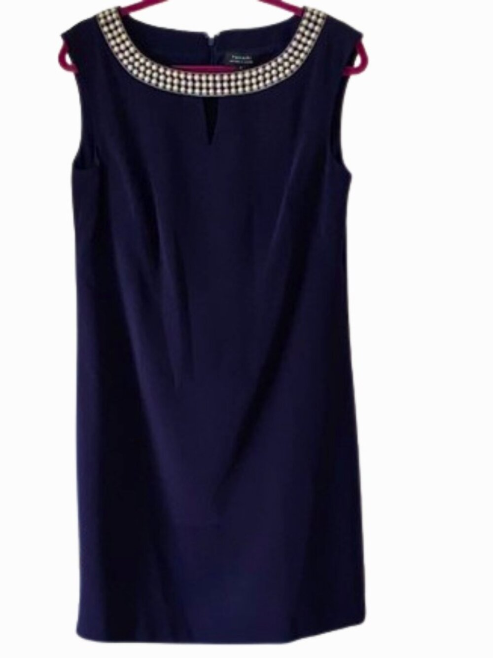 Tahari ASL Navy Sheath Dress Pearl Neckline Keyhole Career Cocktail Size 8